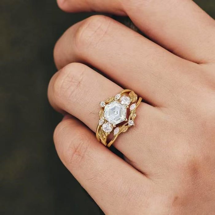 Wholesale Brushed open cross ring with gold plating and hexagonal white diamond inlay ring