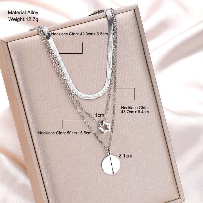 Wholesale Stacked Three-dimensional Five-pointed Star Round Pendant Three-layer Alloy Necklace JDC-NE-HZS001