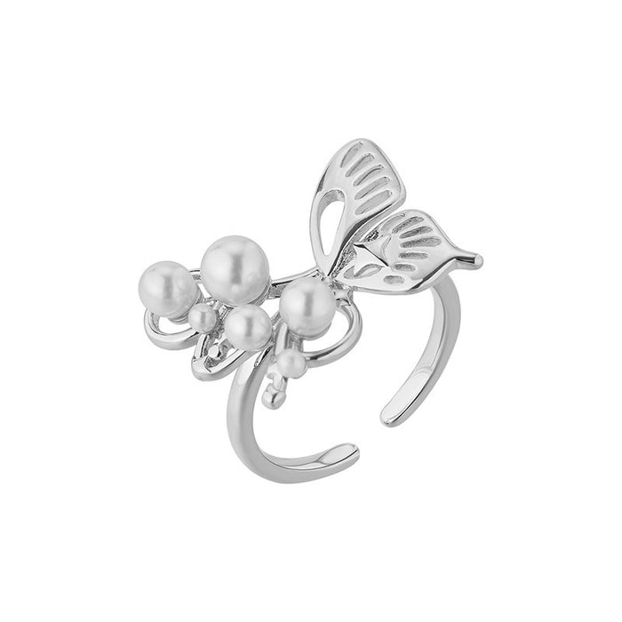 Wholesale Sweet butterfly ring, gentle and elegant temperament, pearl opening ring, fashionable layering