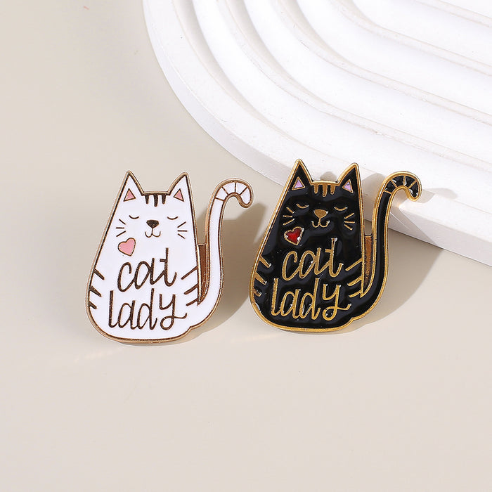 Wholesale Boutique Metal Cat Brooch With Black And White Letter Design Stylish Clothing Pin Accessory For Everyday Wear