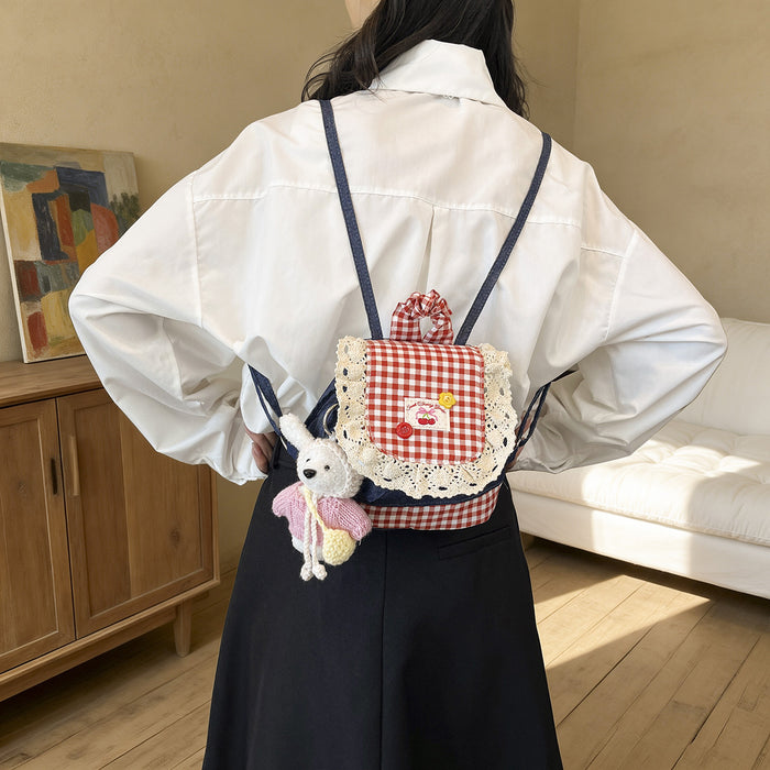 Wholesale Canvas Backpack Blue Contrast Plaid Street Fashion