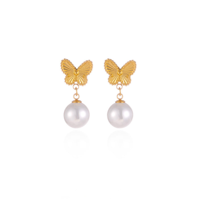 Wholesale Titanium Steel Butterfly Pearl Earrings 18K Gold Plated
