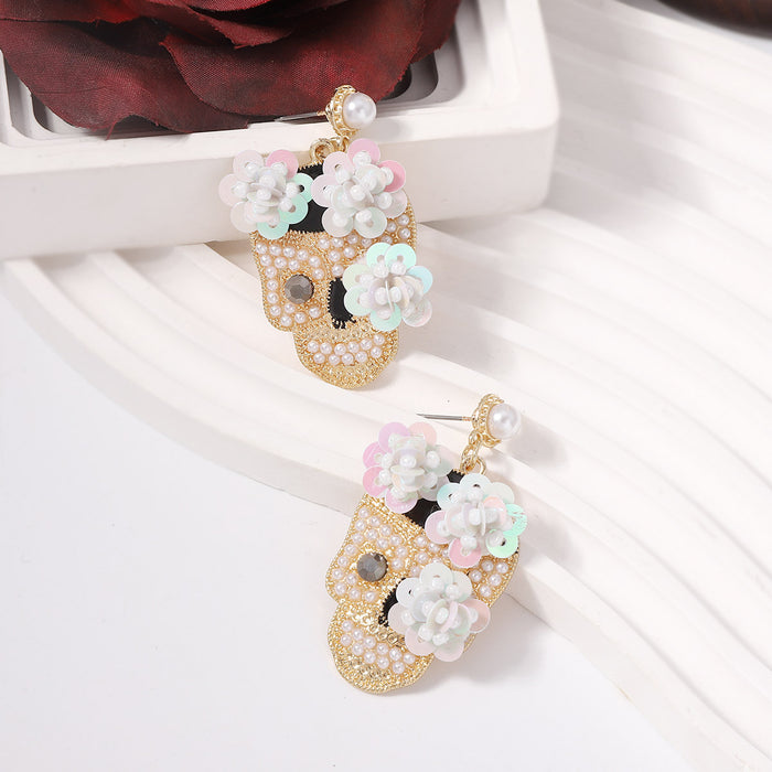 Wholesale Halloween Zinc Alloy Inlaid Zircon with Sequins Flower Skull Earrings JDC-ES-YueLi020