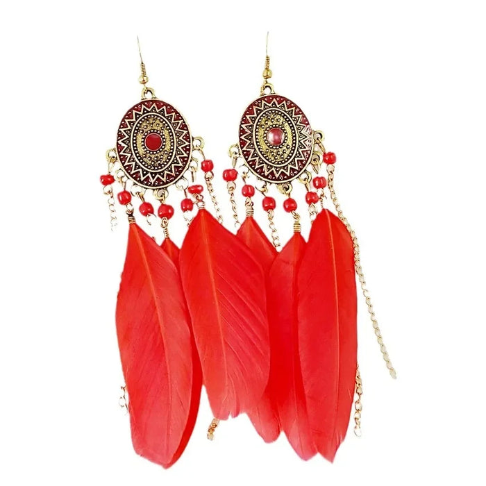 Wholesale Vintage earrings, fashionable feather chain tassel earrings, long style