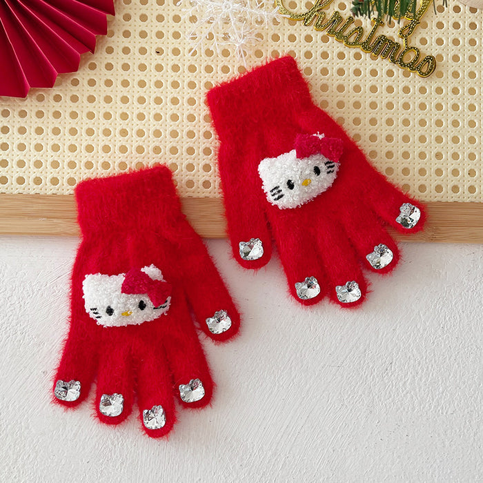 Wholesale Cute Diamond Gloves women' s winter warm glutinous  plush gloves thickened warm student Five Finger Set