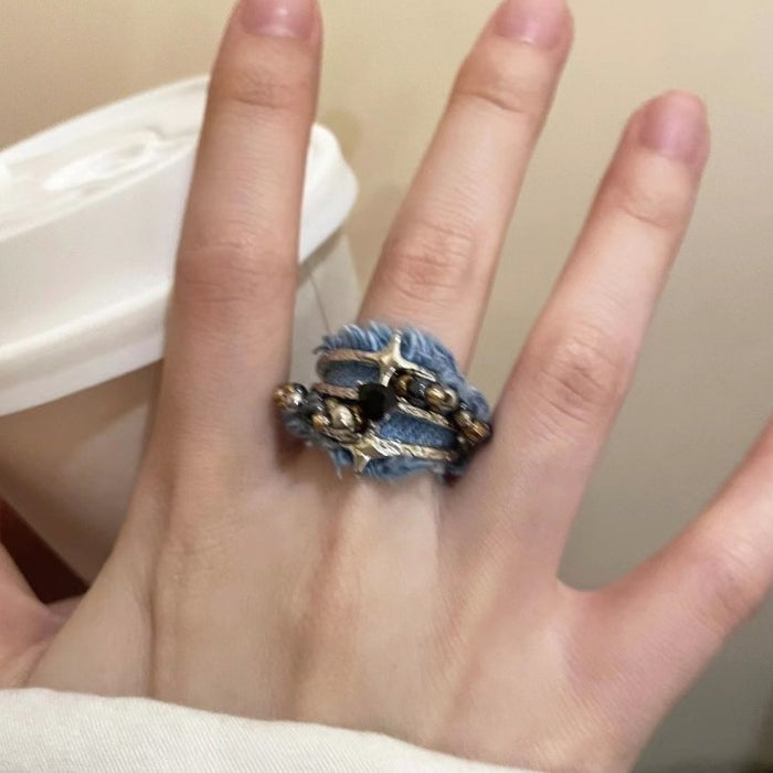 Wholesale Fashionable denim ring with heart opening personality, niche and versatile, retro new style ring