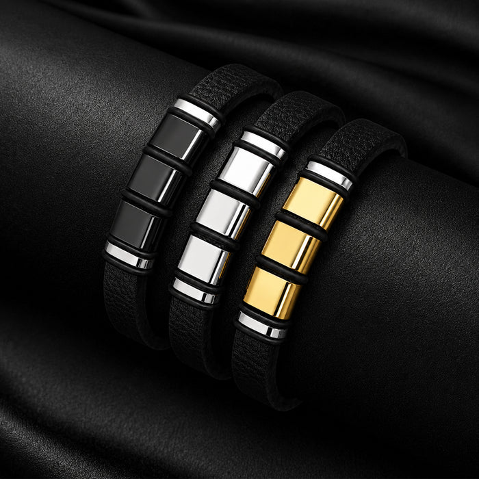 Wholesale Men' s Stainless Steel Bamboo Leather Bracelet Accessory