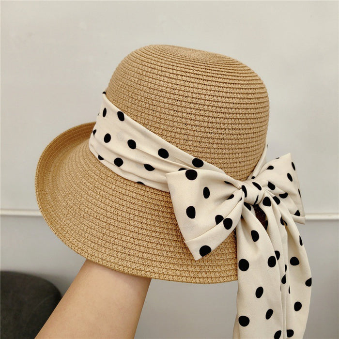 Wholesale Retro elegant polka dot bow sun hat, straw hat, sun protection basin hat