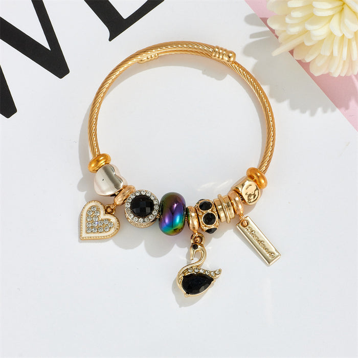 Wholesale Black Electroplated Stainless Steel Rhinestone Swan Charm Bracelet for Women Trendy Gift