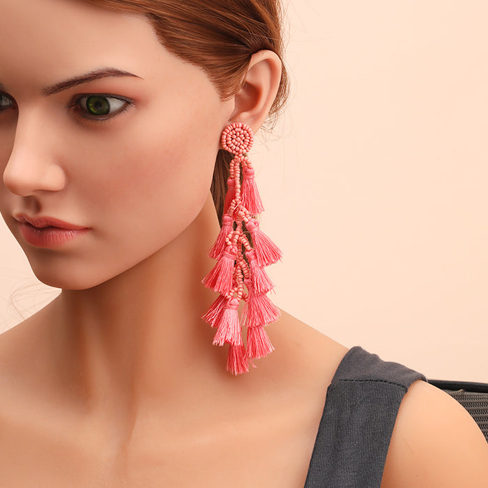 Wholesale Rice Bead Tassel Earrings Handmade Fashion Long JDC-ES-Gute054