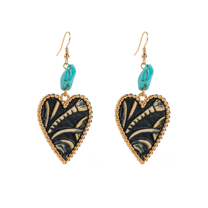 Wholesale Alloy leather printed turquoise heart earrings