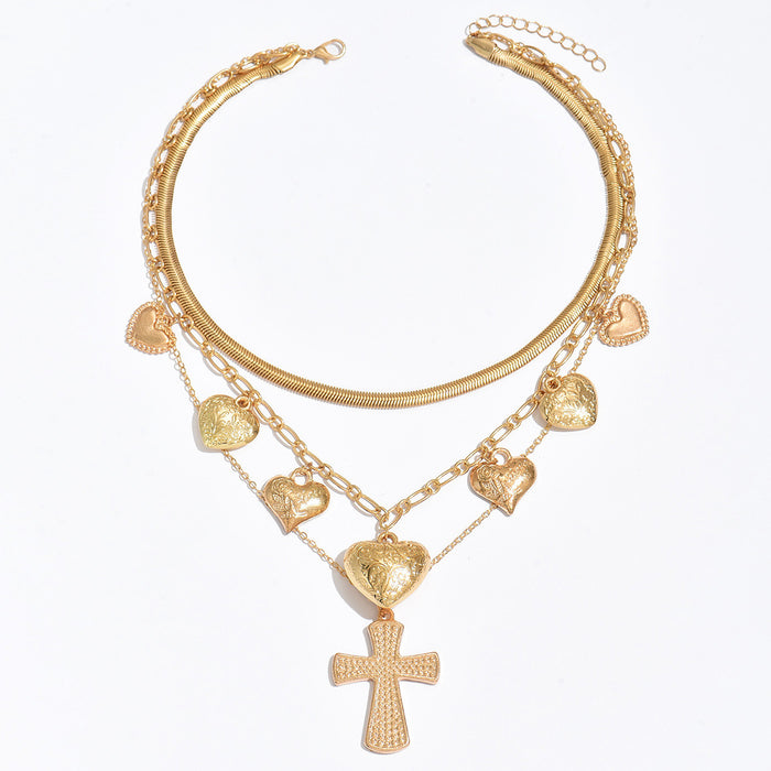 Wholesale Personalized cross pendant necklace, layered with heart-shaped collarbone chain, light luxury niche accessory