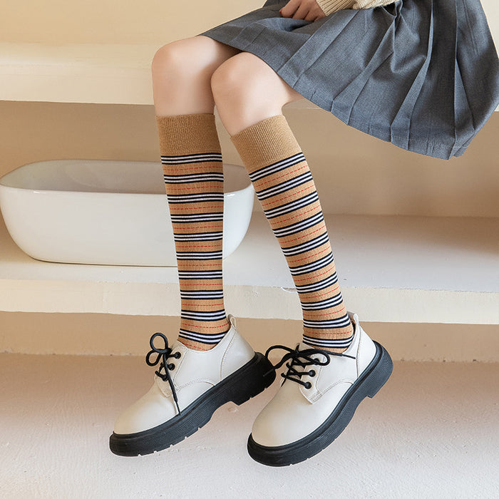 Wholesale Women's cotton calf socks with striped pattern, cute and personalized design, versatile long tube women's socks