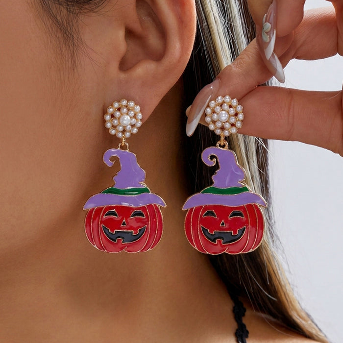 Wholesale Dark Drip Oil Rhinestone Earrings Skull Pumpkin Bat Design Alloy Party Wear