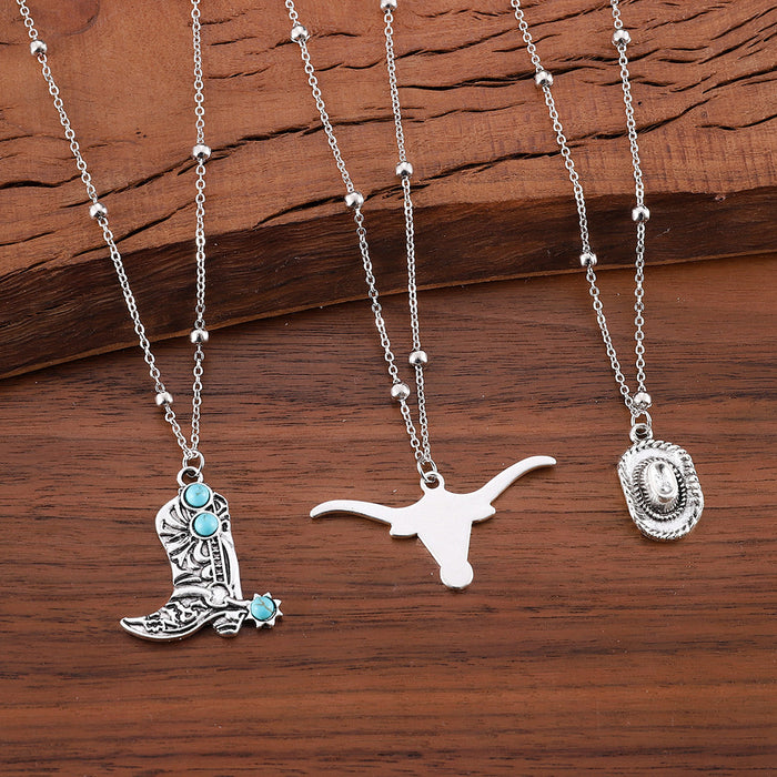 Wholesale Western cowboy retro ethnic style imitation turquoise alloy bull head combat boots hat pendant necklace