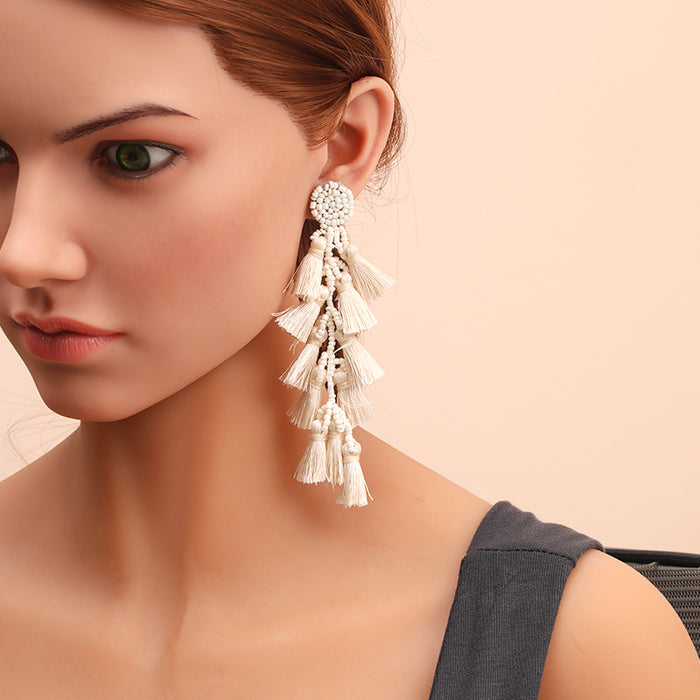 Wholesale Rice Bead Tassel Earrings Handmade Fashion Long JDC-ES-Gute054