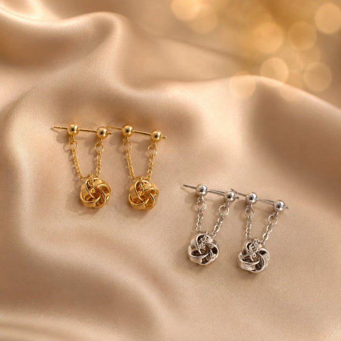 Wholesale Chic Geometric Knot Long Drop Earrings Alloy Gold Double Chain Fashion Accessory