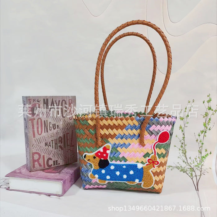 Wholesale Cute Cartoon Rags Woven Bag Imitation Straw Woven Bag Seaside Shoulder Handbag