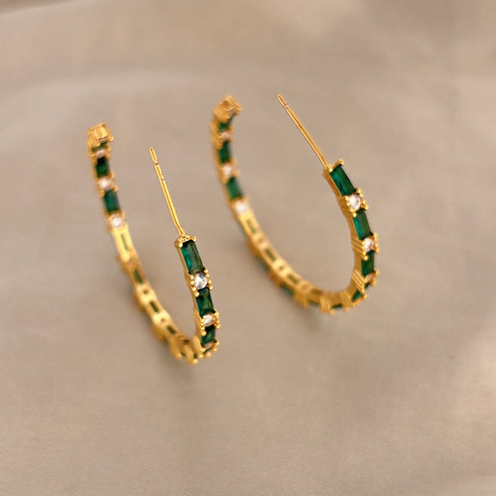 Wholesale Retro Circle Earrings, High Grade, Light Luxury, Small and Unique, Diamond studded, Fine, Exquisite, Elegant, Versatile, Green Zircon Earrings