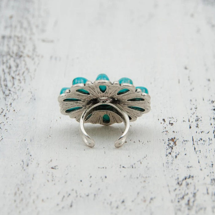 Wholesale Retro Bohemian Turquoise Flower Open Ring Alloy Fashion Accessory