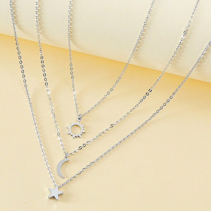 Wholesale Best Friend Sun Moon Star Pendant Necklace Set Stainless Steel Plated Jewelry Accessory