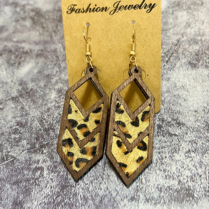 Wholesale Leopard print cow pattern genuine leather earrings Western geometric inlaid earrings hollow earrings