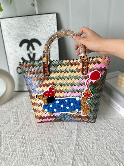 Wholesale Dachshund Striped Straw Bag Retro Woven Vegetable Basket Small Square Bag Commuter Tote Bag Shoulder Bag Cross-Border