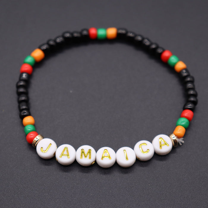 Wholesale Yellow Green Red Black Jamaica Stretch Bracelet Letter Resin Black Gallstone Wooden Beads Jamaica