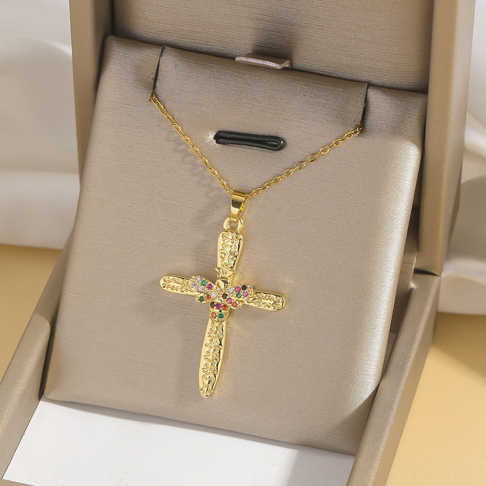 Wholesale Fashion colored zircon cross necklace, niche design accessory, collarbone chain