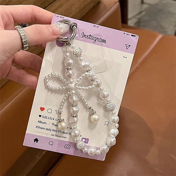 Wholesale Diamond-encrusted Pearl Bow Keychain  Chain Beaded Mobile Phone Pendant