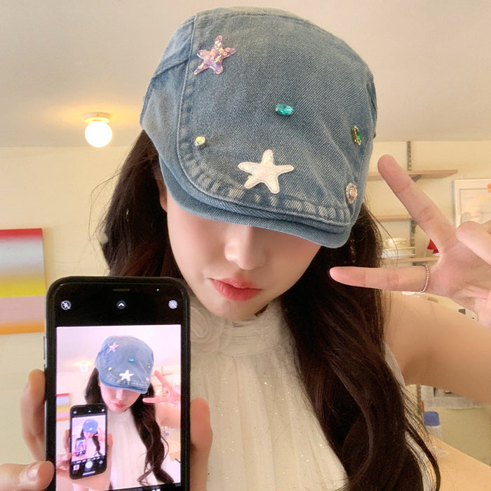 Wholesale Retro washed denim front versatile reverse ducktongue beret hat