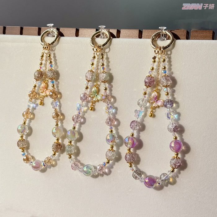 Wholesale Beaded Popcorn Crystal Beads Mobile Phone Chain Alloy Butterfly Gold Beads Keychain