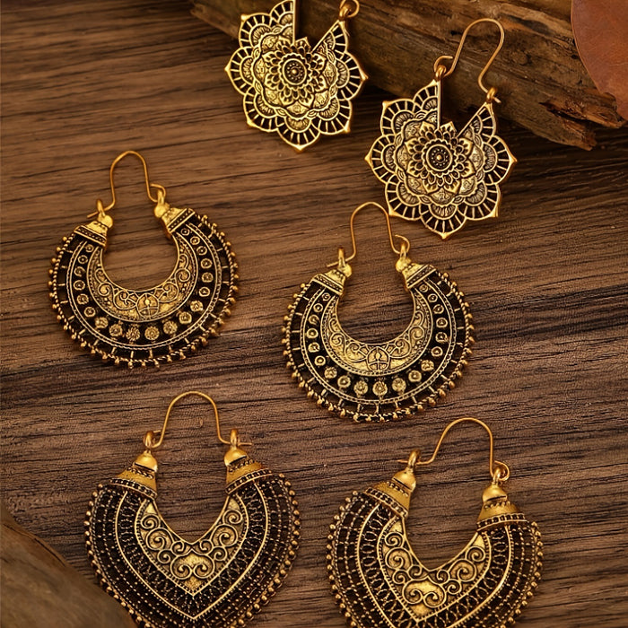Wholesale Retro Bohemian Hollow Floral Earrings Set 3 Pairs Alloy Geometric Earrings