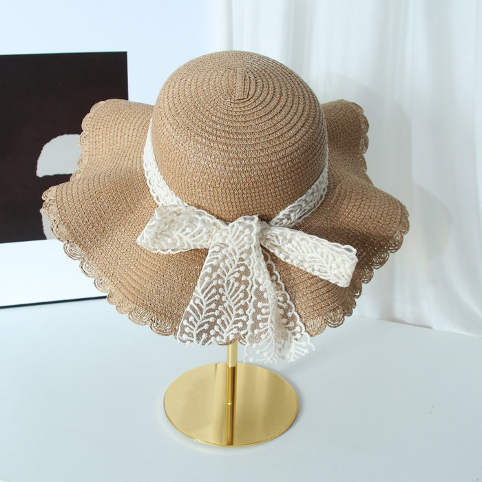 Wholesale Lace bow big brim straw hat breathable sun shading hat fisherman hat