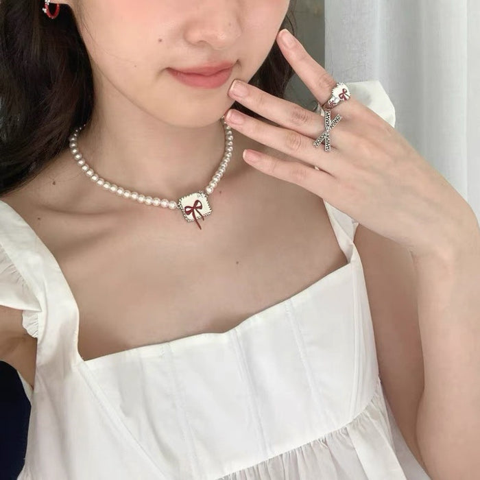 Wholesale Gentle temperament, cute red style, girlish vibe, bow, love, original design, ring