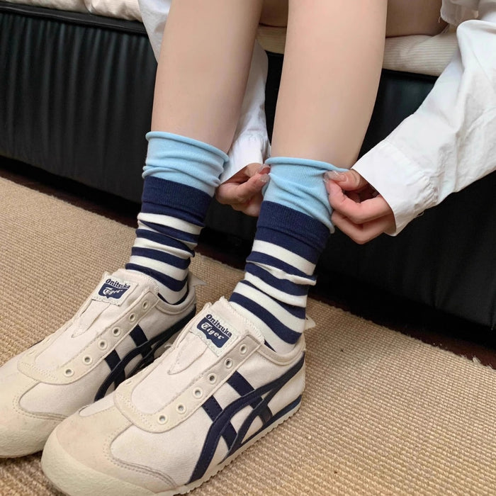 Wholesale Double layered socks with contrasting stripes, rolled edges, stacked socks, sports socks, tube socks