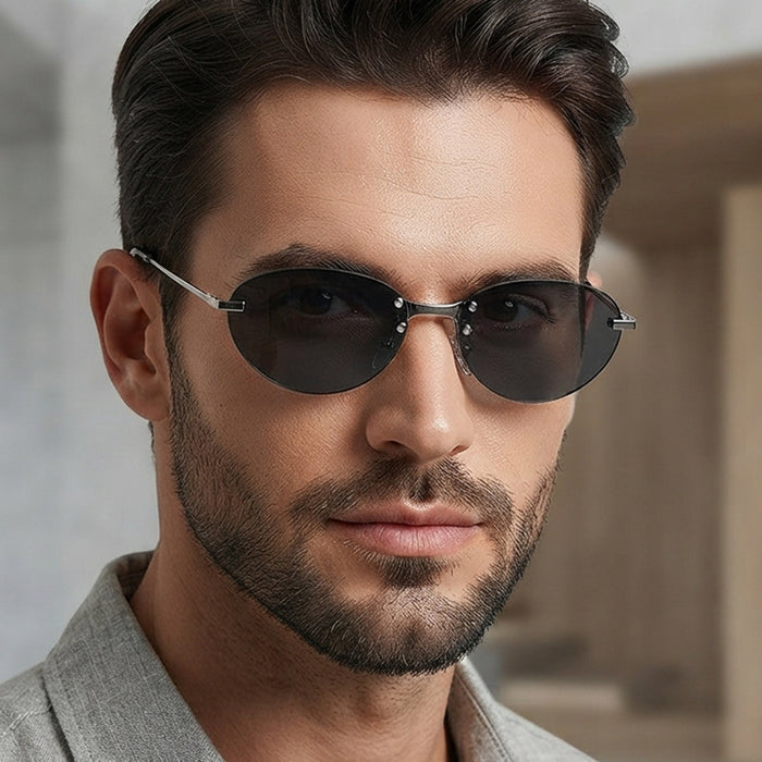 Wholesale Retro Oval Rimless Sunglasses UV400 Silver Frame Gray Lens Fashion Accessory