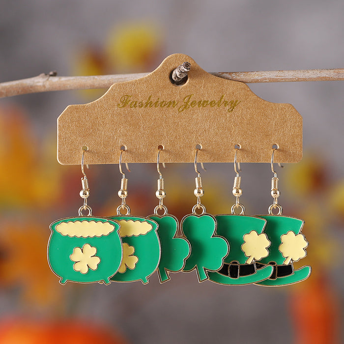 Wholesale Green Clover Leaf Drop Earrings Dripping Oil Alloy 3 Pairs Jewelry Accessory