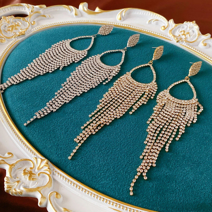 Wholesale Diamond Water Drop Long Tassel Silver Pin Earrings for Women