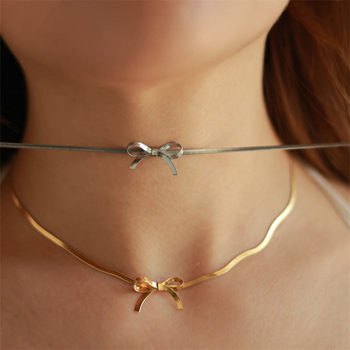 Wholesale Titanium Steel Gold-plated Bow Neck Necklace JDC-NE-TaoY001