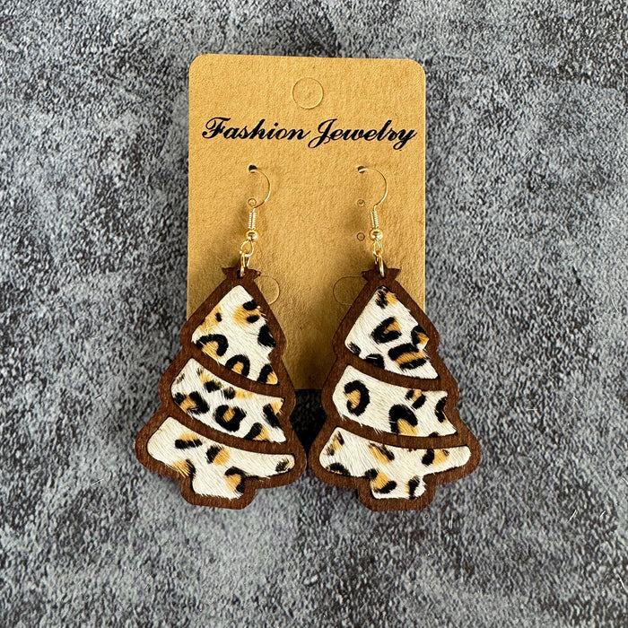 Wholesale Christmas tree leopard print horse hair earrings wood inlaid cowhide light western holiday gift