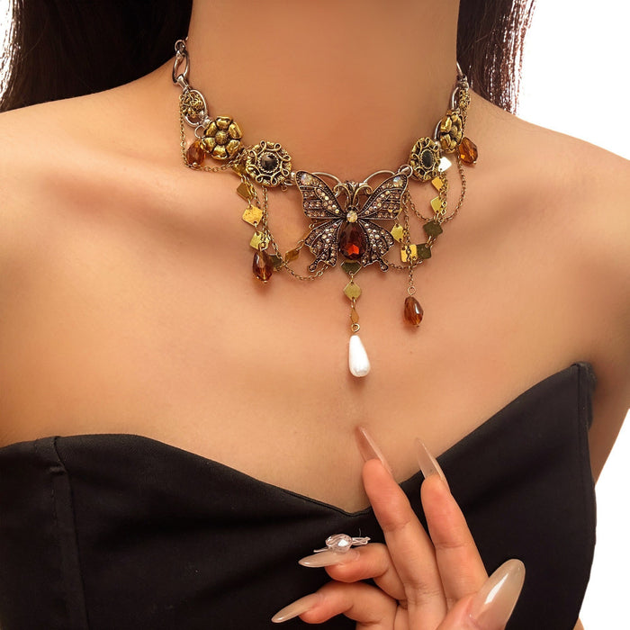 Wholesale Alloy Purple Crystal Butterfly Tassel Necklace Fashion Jewelry Accessory