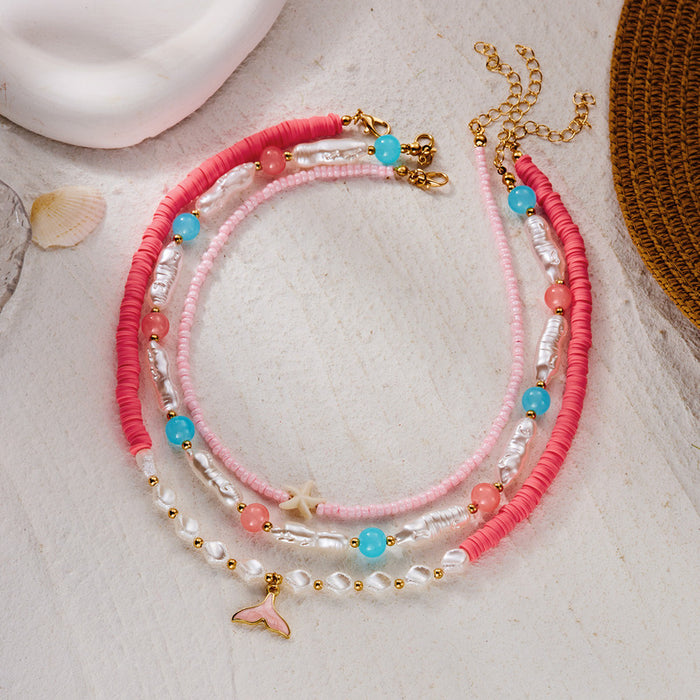 Wholesale Bohemian Sea Shells Starfish Beaded Multi-Layer Choker Necklace Summer Beach Vacation