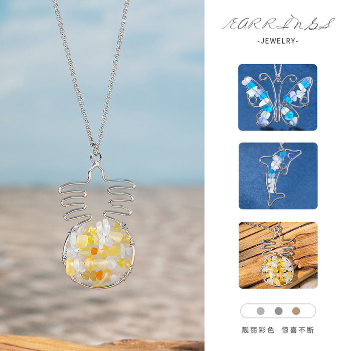 Wholesale Stylish colorful sea glass butterfly long butterfly necklace