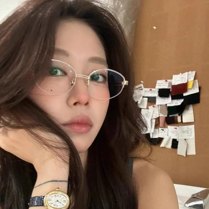 Wholesale Golden edged oval half frame glasses, cool and anti blue light prescription myopia frame