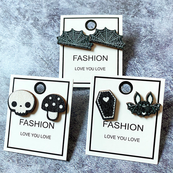 Wholesale  Dark Wind Earrings Skull Bat Asymmetric Wooden Earrings Horror Festival