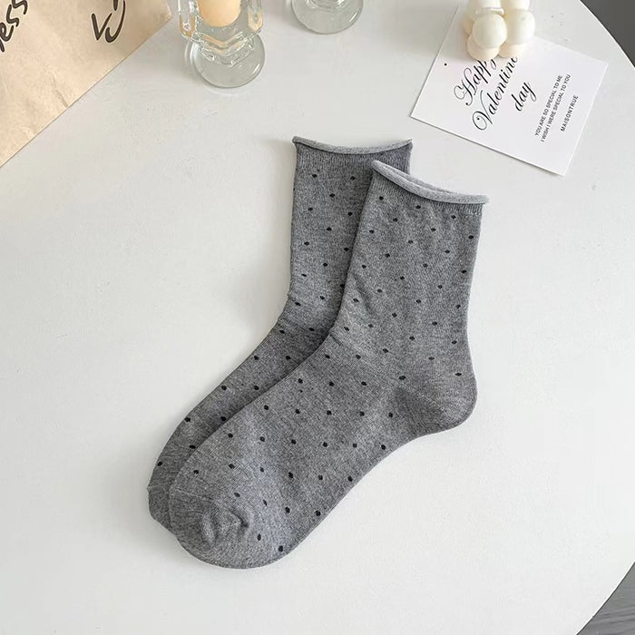 Wholesale Curled edge polka dot socks, mid tube socks, anti odor and sweat absorbing, summer thin style, spring and autumn breathable pile socks