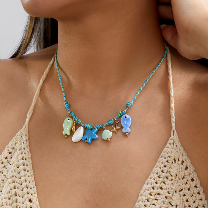 Wholesale Ocean Layered Multi-Color Ceramic Bead Necklace with Seashell and Starfish Charm