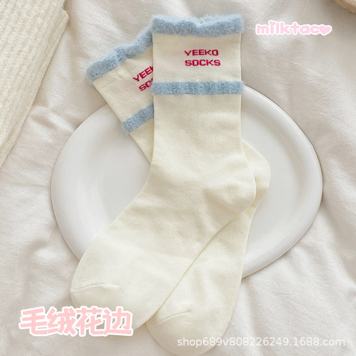 Wholesale Butterfly knot splicing plush socks with cartoon middle tube, cute for students