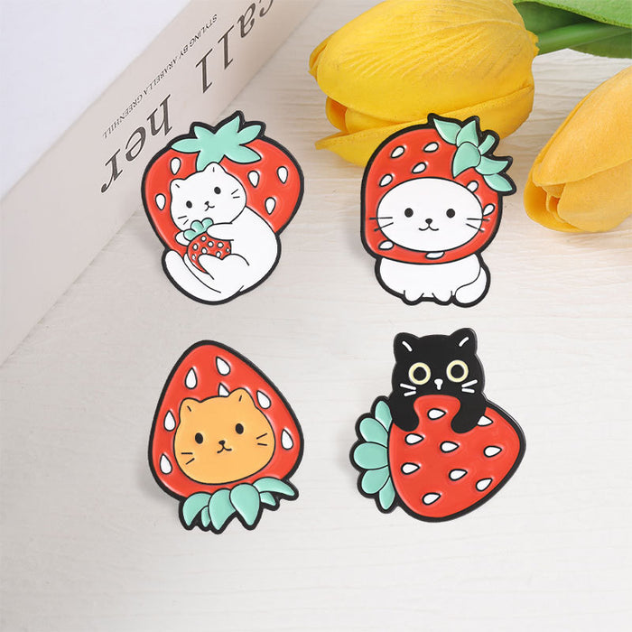 Wholesale Cute Cat Strawberry Fruit Metal Brooch Pin For Girls Holiday Gift